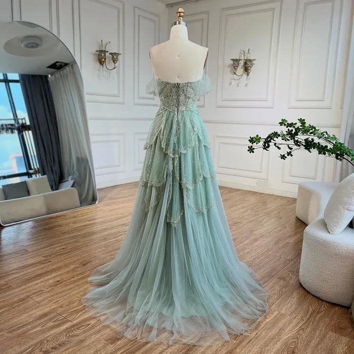 Luxury Sage Green Beaded A-Line Off-Shoulder Evening Dress LA72605 - SERENE HILL