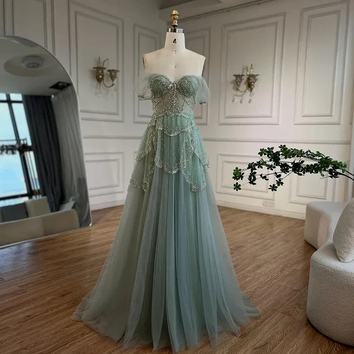 Luxury Sage Green Beaded A-Line Off-Shoulder Evening Dress LA72605 - SERENE HILL