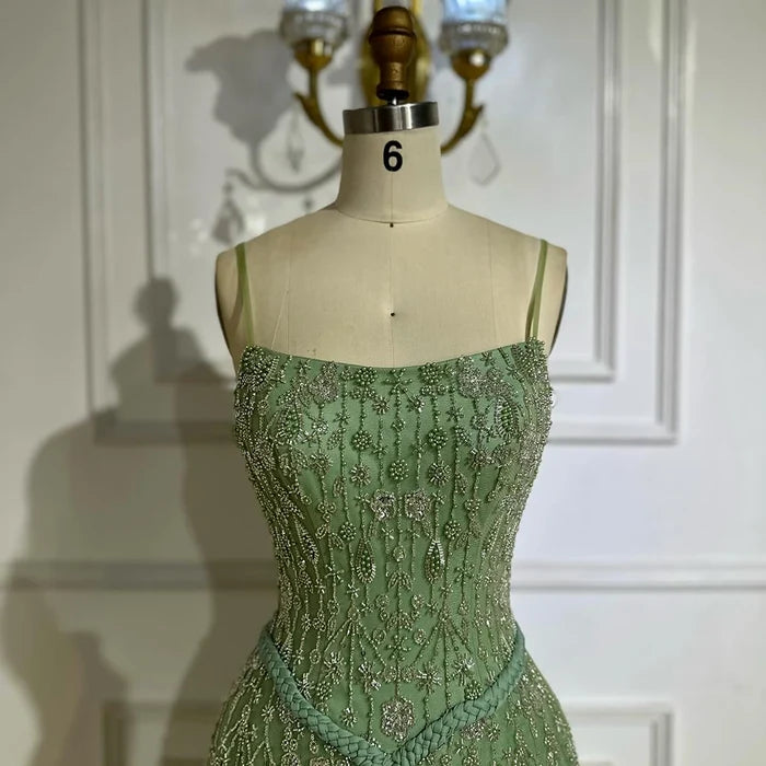 Luxury Sage Green Beaded A-Line Spaghetti Strap Evening Dress LA72805 - SERENE HILL