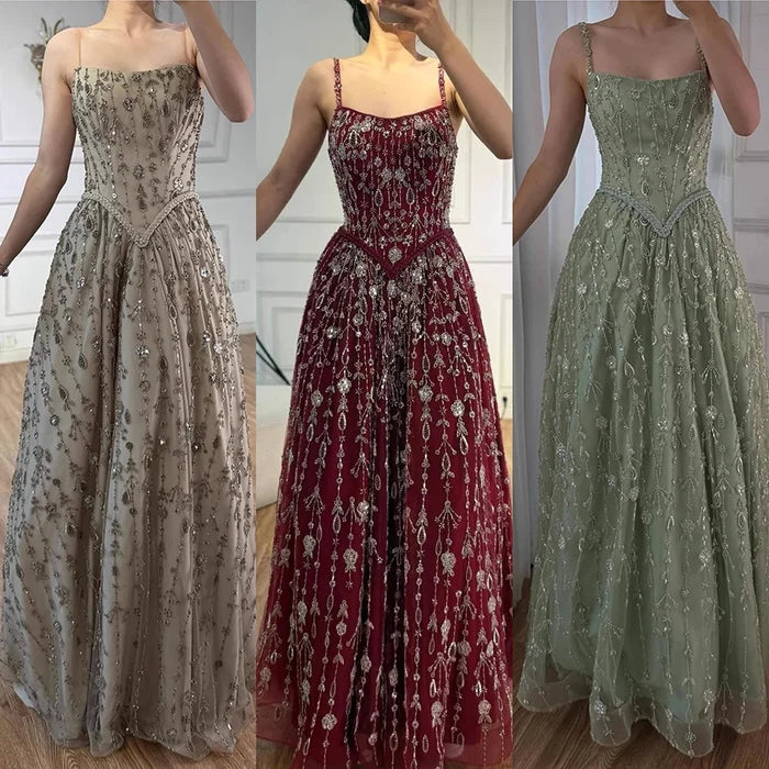 Luxury Sage Green Beaded A-Line Spaghetti Strap Evening Dress LA72805 - SERENE HILL