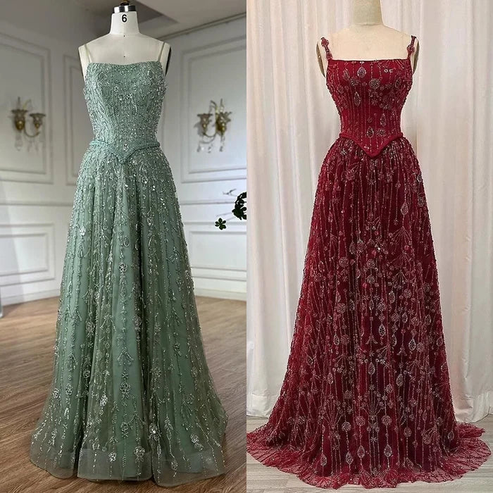 Luxury Sage Green Beaded A-Line Spaghetti Strap Evening Dress LA72805 - SERENE HILL