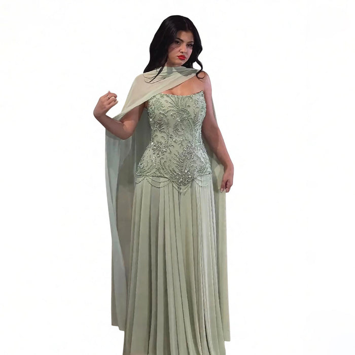 Luxury Sage Green Beaded Corset Chiffon A Line Dress LA73920 SERENE HILL