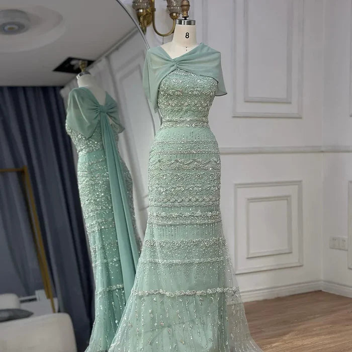 Luxury Sage Green Beaded Evening Dress with Cape LA72126B - SERENE HILL