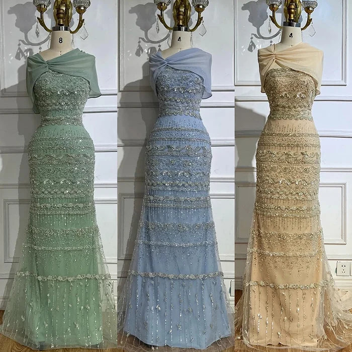 Luxury Sage Green Beaded Evening Dress with Cape LA72126B - SERENE HILL