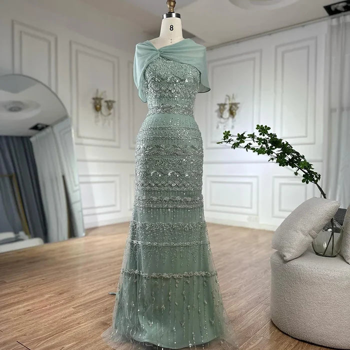 Luxury Sage Green Beaded Evening Dress with Cape LA72126B - SERENE HILL