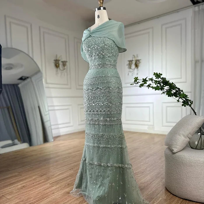 Luxury Sage Green Beaded Evening Dress with Cape LA72126B - SERENE HILL