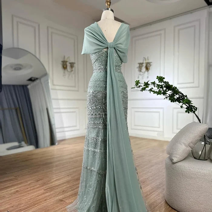Luxury Sage Green Beaded Evening Dress with Cape LA72126B - SERENE HILL