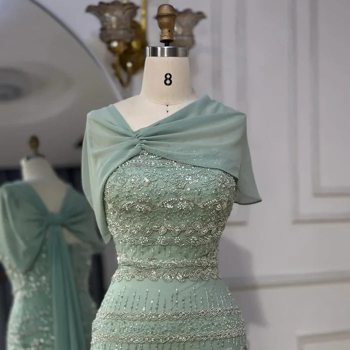 Luxury Sage Green Beaded Evening Dress with Cape LA72126B - SERENE HILL