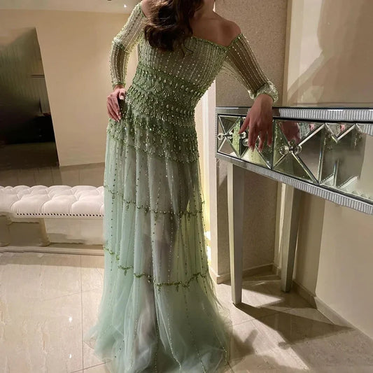 Luxury Sage Green Beaded Mermaid Evening Dress LA72350 - SERENE HILL