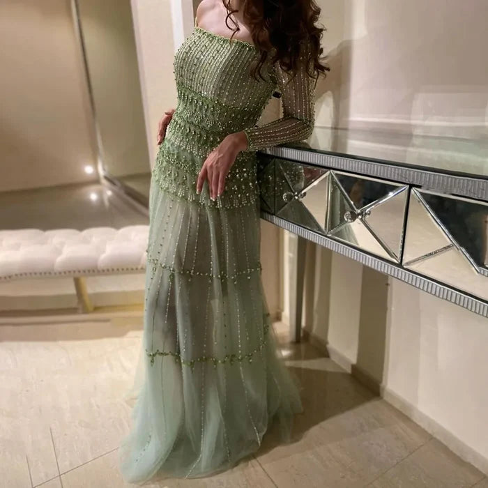 Luxury Sage Green Beaded Mermaid Evening Dress LA72350 - SERENE HILL