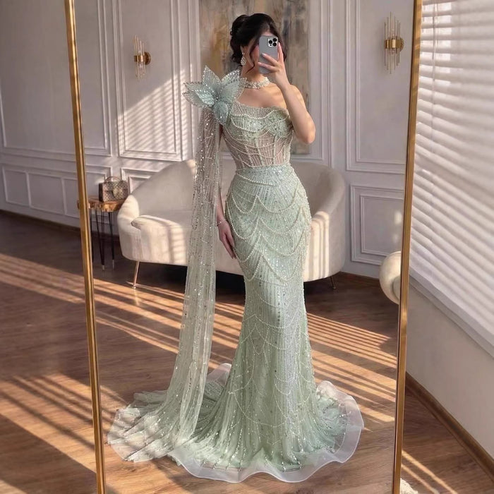 Luxury Sage Green One-Shoulder Pearls Beaded Evening Dress LA72511 - SERENE  HILL