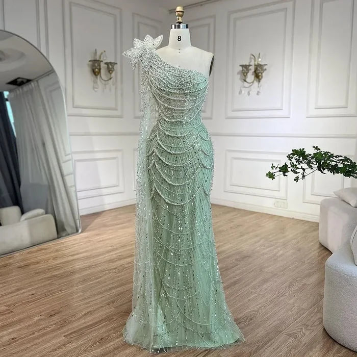 Luxury Sage Green One-Shoulder Pearls Beaded Evening Dress LA72511 - SERENE HILL
