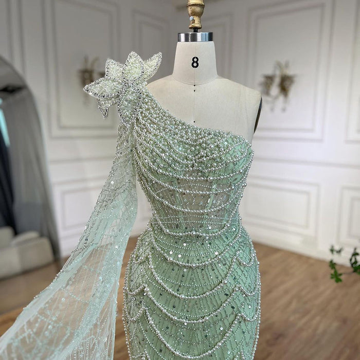 Luxury Sage Green One-Shoulder Pearls Beaded Evening Dress LA72511 - SERENE  HILL