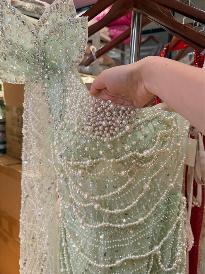 Luxury Sage Green One-Shoulder Pearls Beaded Evening Dress LA72511 - SERENE  HILL