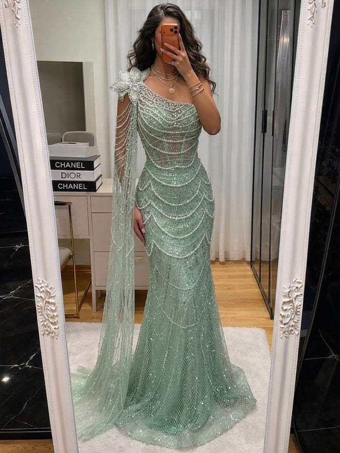 Luxury Sage Green One-Shoulder Pearls Beaded Evening Dress LA72511 - SERENE  HILL