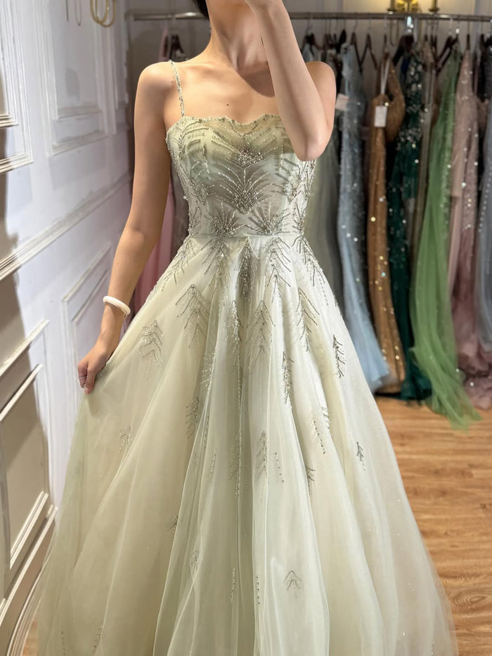 Luxury Sage Green Spaghetti Strap Beaded A-Line Evening Dress LA73721 SERENE HILL