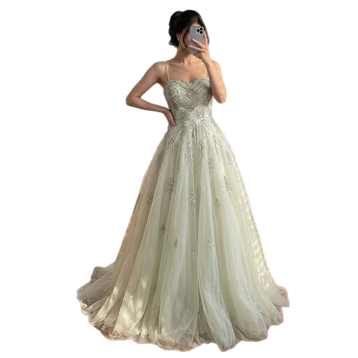 Luxury Sage Green Spaghetti Strap Beaded A-Line Evening Dress LA73721 SERENE HILL