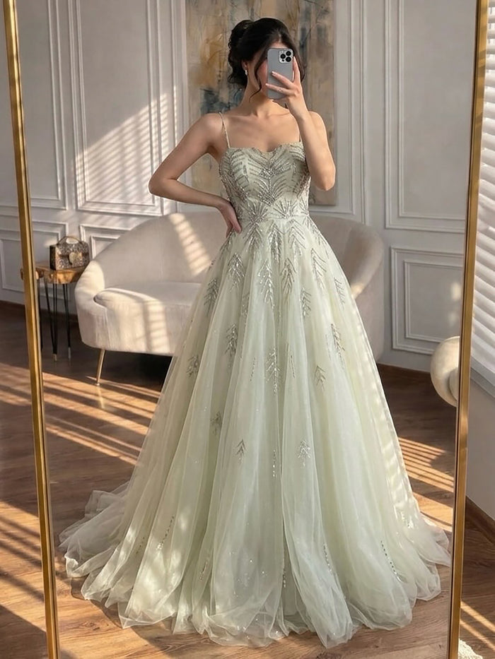 Luxury Sage Green Spaghetti Strap Beaded A-Line Evening Dress LA73721 SERENE HILL