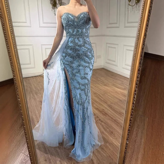Luxury Saudi Arabic Blue Beaded Evening Dress with Slit LA72877 - SERENE HILL