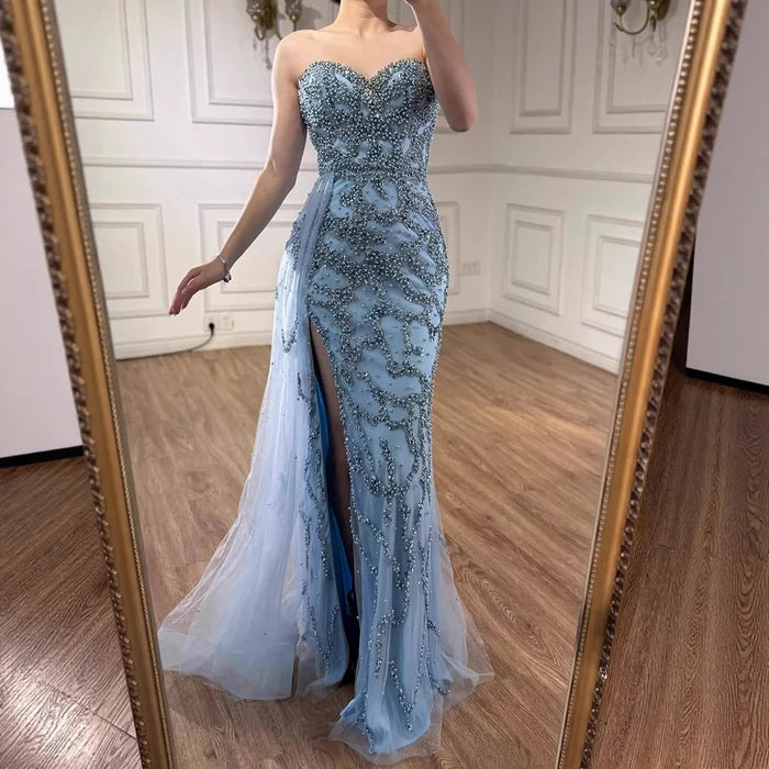 Luxury Saudi Arabic Blue Beaded Evening Dress with Slit LA72877 - SERENE HILL