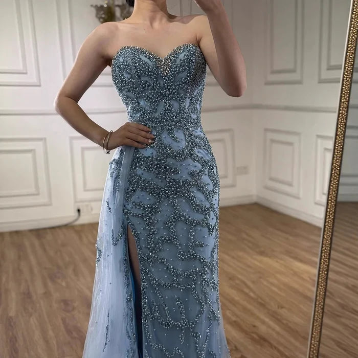 Luxury Saudi Arabic Blue Beaded Evening Dress with Slit LA72877 - SERENE HILL