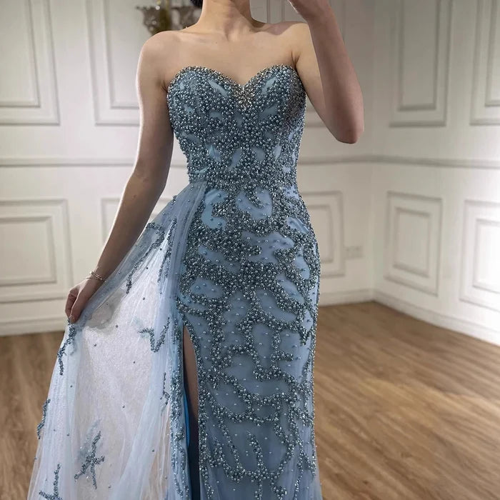 Luxury Saudi Arabic Blue Beaded Evening Dress with Slit LA72877 - SERENE HILL