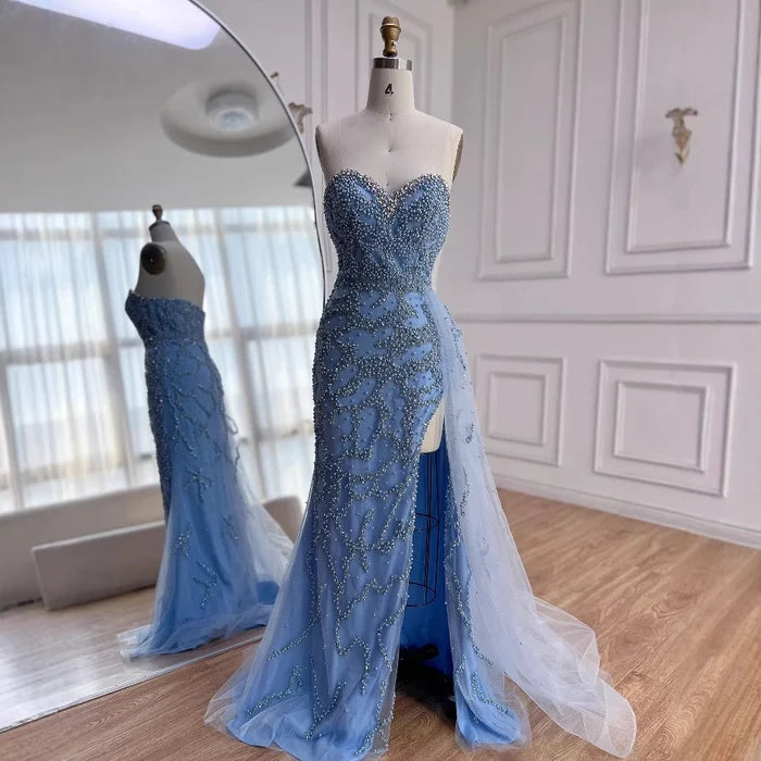 Luxury Saudi Arabic Blue Beaded Evening Dress with Slit LA72877 - SERENE HILL