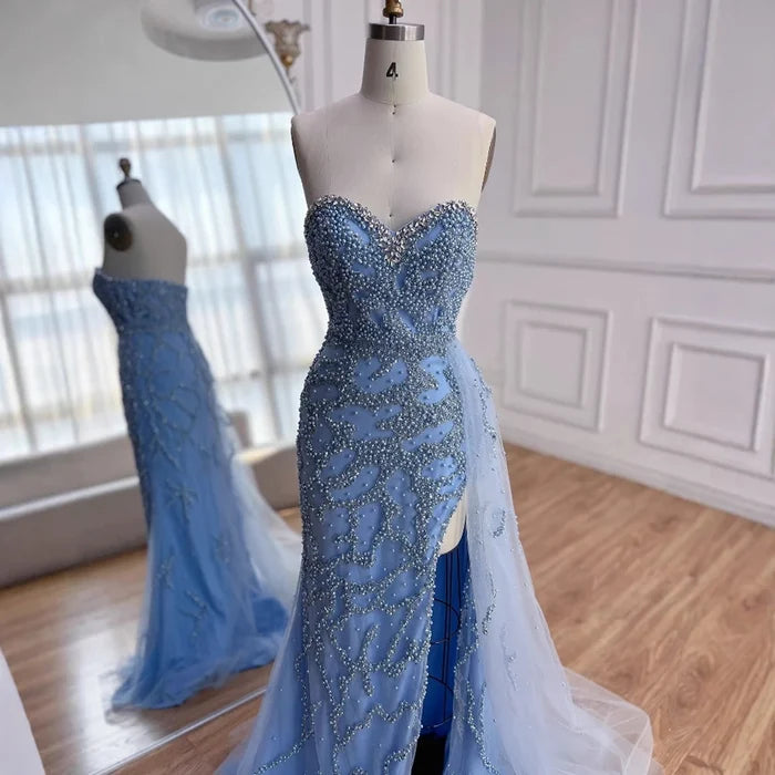 Luxury Saudi Arabic Blue Beaded Evening Dress with Slit LA72877 - SERENE HILL