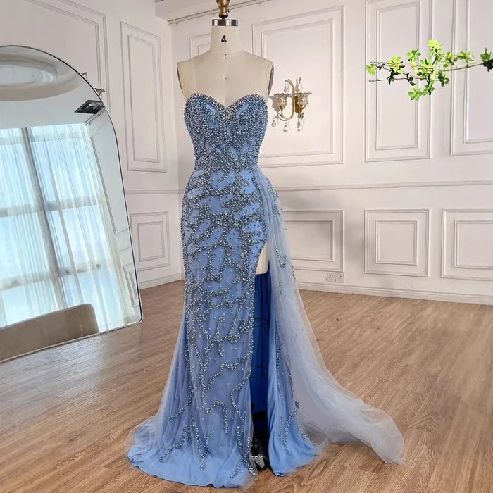 Luxury Saudi Arabic Blue Beaded Evening Dress with Slit LA72877 - SERENE HILL