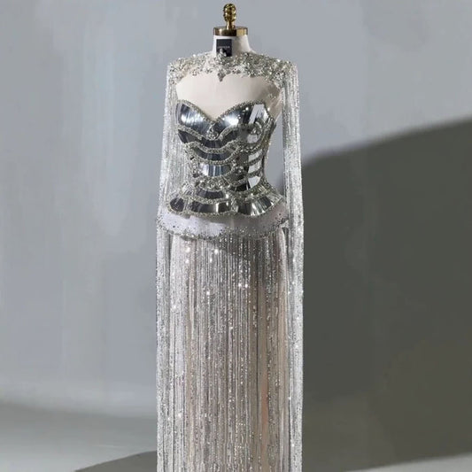 Luxury Silver High Neck Beaded Tassel Cape Evening Dress LA73896 SERENE HILL