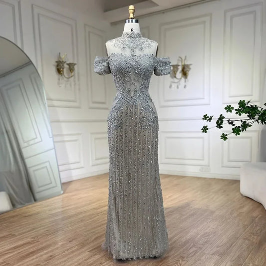 Serene Hill 2025 Arabic Silver Nude Mermaid Beaded Crystal Luxury Dubai Evening Dresses Gowns for Women Wedding Party LA72411 - SERENE HILL