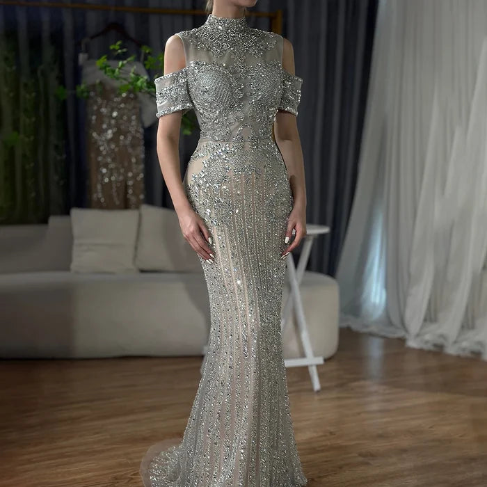 Serene Hill 2025 Arabic Silver Nude Mermaid Beaded Crystal Luxury Dubai Evening Dresses Gowns for Women Wedding Party LA72411 - SERENE HILL