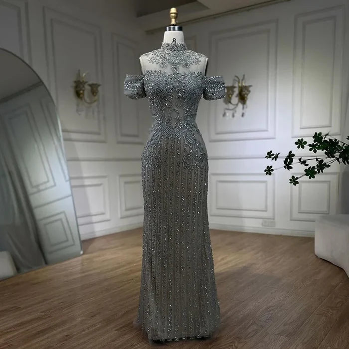 Serene Hill 2025 Arabic Silver Nude Mermaid Beaded Crystal Luxury Dubai Evening Dresses Gowns for Women Wedding Party LA72411 - SERENE HILL