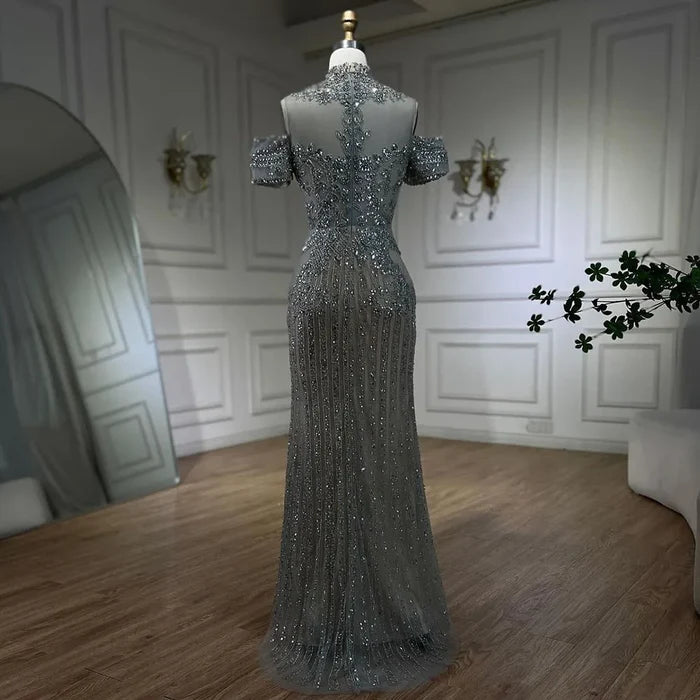 Serene Hill 2025 Arabic Silver Nude Mermaid Beaded Crystal Luxury Dubai Evening Dresses Gowns for Women Wedding Party LA72411 - SERENE HILL