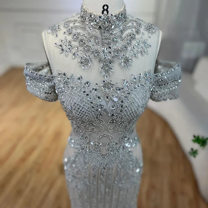 Serene Hill 2025 Arabic Silver Nude Mermaid Beaded Crystal Luxury Dubai Evening Dresses Gowns for Women Wedding Party LA72411 - SERENE HILL