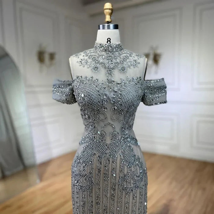 Serene Hill 2025 Arabic Silver Nude Mermaid Beaded Crystal Luxury Dubai Evening Dresses Gowns for Women Wedding Party LA72411 - SERENE HILL