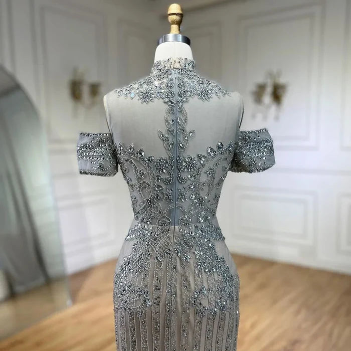 Serene Hill 2025 Arabic Silver Nude Mermaid Beaded Crystal Luxury Dubai Evening Dresses Gowns for Women Wedding Party LA72411 - SERENE HILL