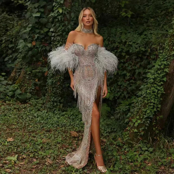 Luxury Silver Nude Mermaid Evening Dress with Beaded Tassel LA72083 - SERENE HILL