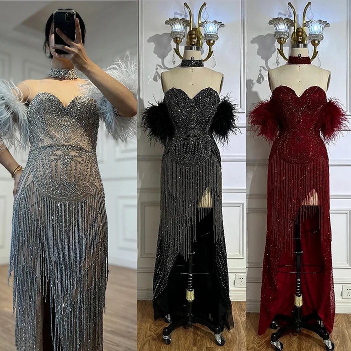 Luxury Silver Nude Mermaid Evening Dress with Beaded Tassel LA72083 - SERENE HILL