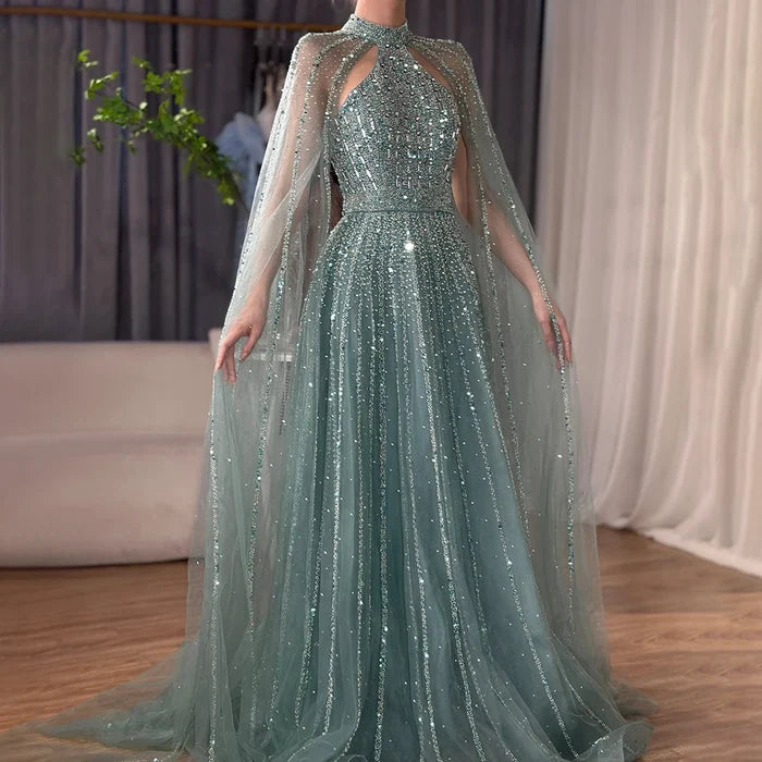 Luxury Turquoise A-Line Cape Sleeve Beaded Evening Dress Plus Size LA72306A - SERENE HILL
