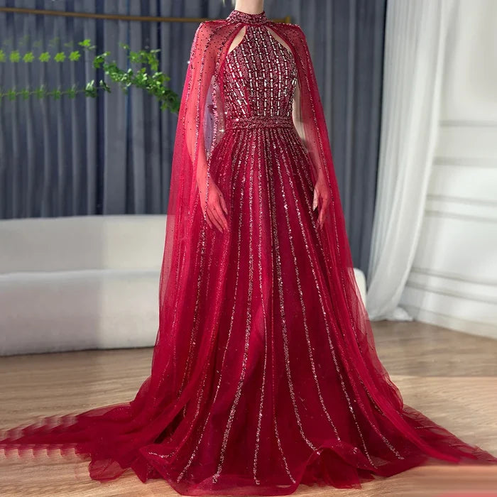 Luxury Turquoise A-Line Cape Sleeve Beaded Evening Dress Plus Size LA72306A - SERENE HILL