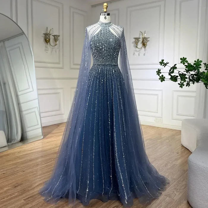 Luxury Turquoise A-Line Cape Sleeve Beaded Evening Dress Plus Size LA72306A - SERENE HILL
