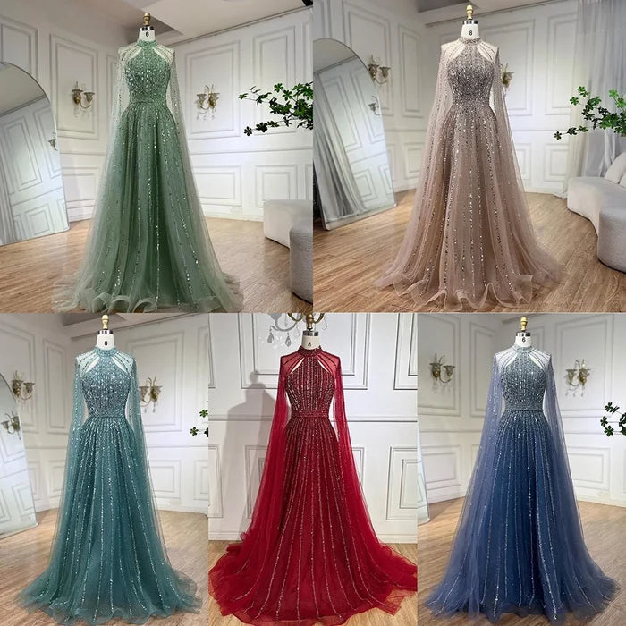 Luxury Turquoise A-Line Cape Sleeve Beaded Evening Dress Plus Size LA72306A - SERENE HILL