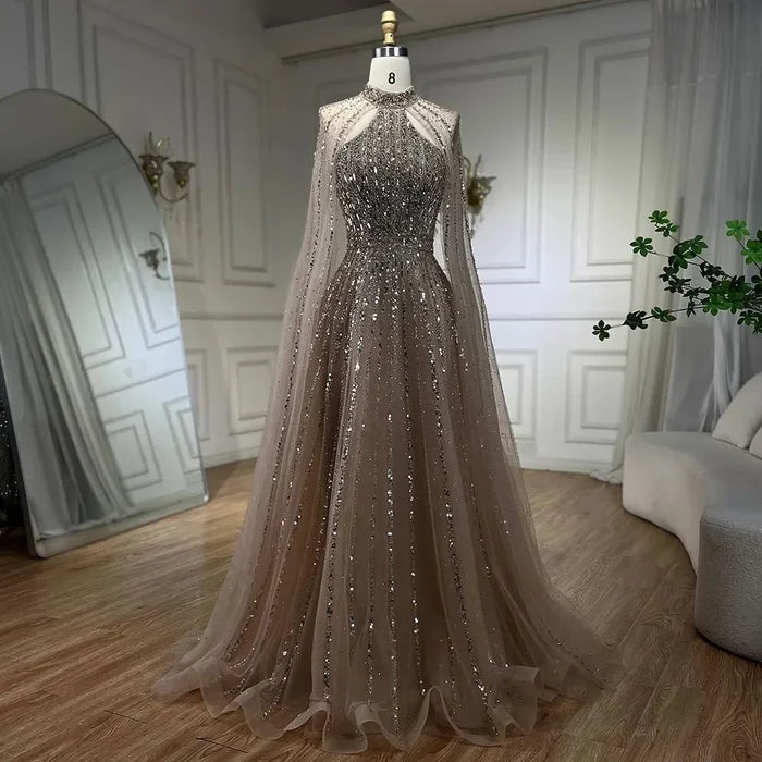 Luxury Turquoise A-Line Cape Sleeve Beaded Evening Dress Plus Size LA72306A - SERENE HILL