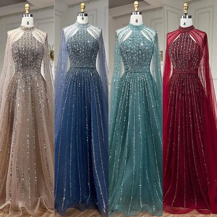 Luxury Turquoise A-Line Cape Sleeve Beaded Evening Dress Plus Size LA72306A - SERENE HILL