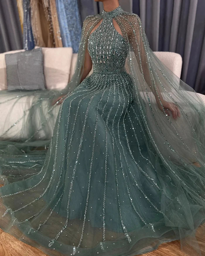 Luxury Turquoise A-Line Cape Sleeve Beaded Evening Dress Plus Size LA72306A - SERENE HILL