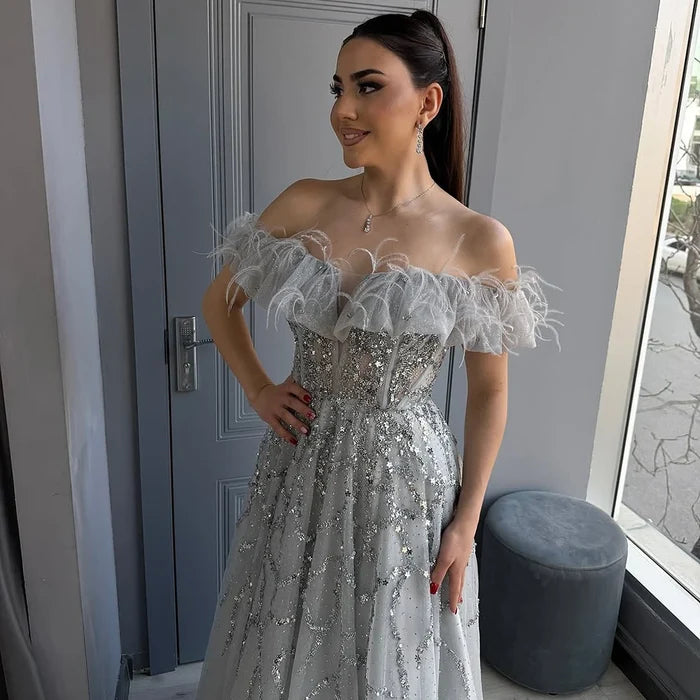 Luxury Turquoise Beaded Feather A Line Evening Dress LA71328 - SERENE HILL