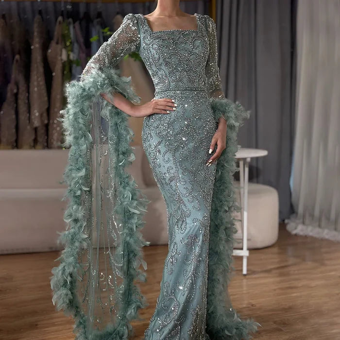 Luxury Turquoise Beaded Mermaid Evening Dress with Flared Sleeves and Feathers LA72767 - SERENE HILL