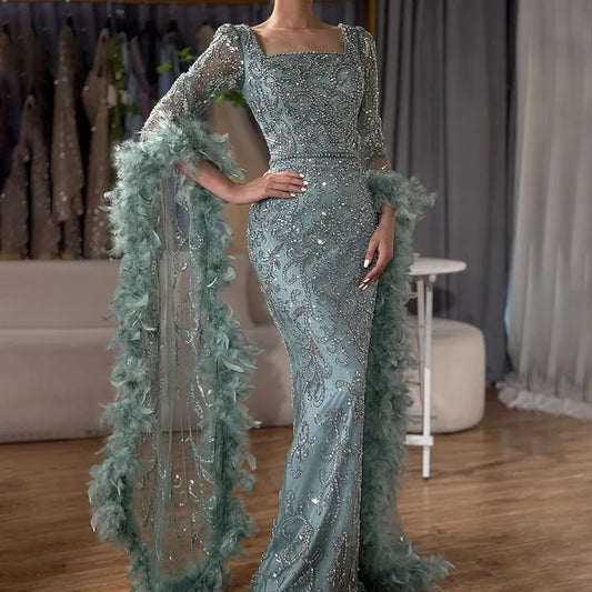 Luxury Turquoise Beaded Mermaid Evening Dress with Flared Sleeves and Feathers LA72767 - SERENE HILL