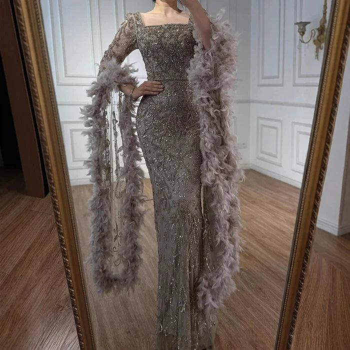 Luxury Turquoise Beaded Mermaid Evening Dress with Flared Sleeves and Feathers LA72767 - SERENE HILL